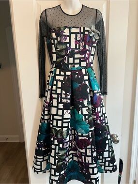 La Chateau Floral Geometric Midi Dress | Sz 6 | Sheer Mesh Sleeves
